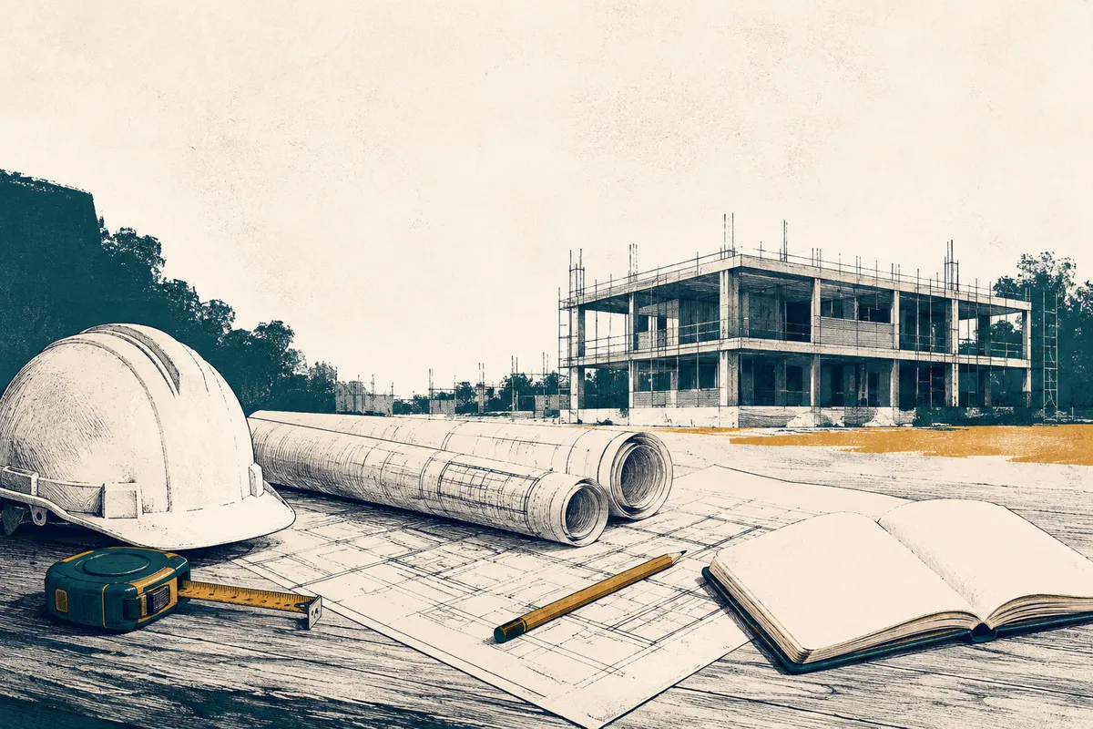 Building plans, a hard hat and a notebook beside a construction project