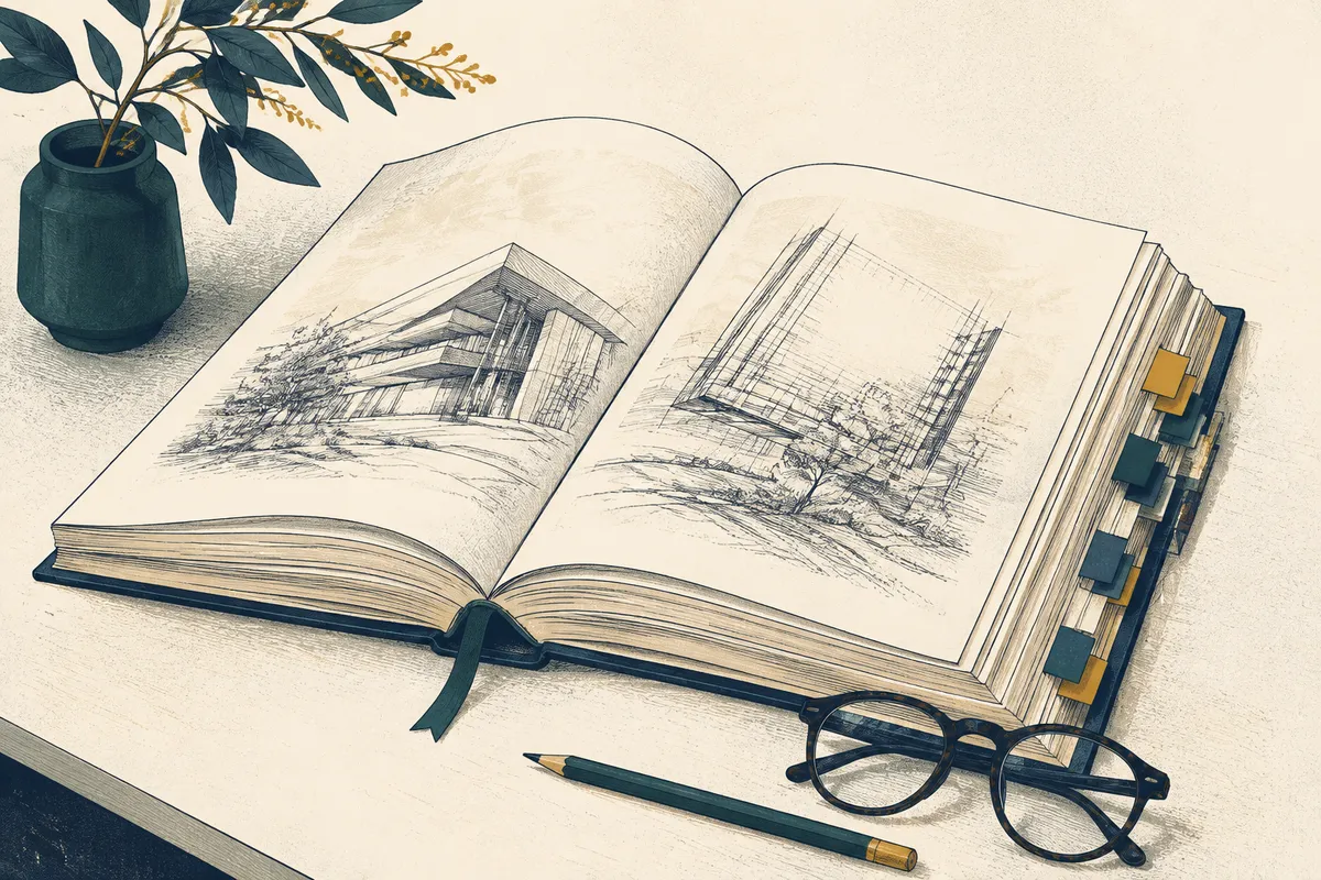 An open reference book with page tabs and reading glasses