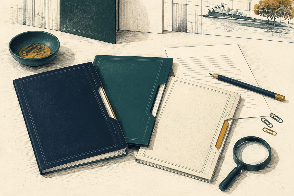 Organised document folders, papers and a magnifying glass