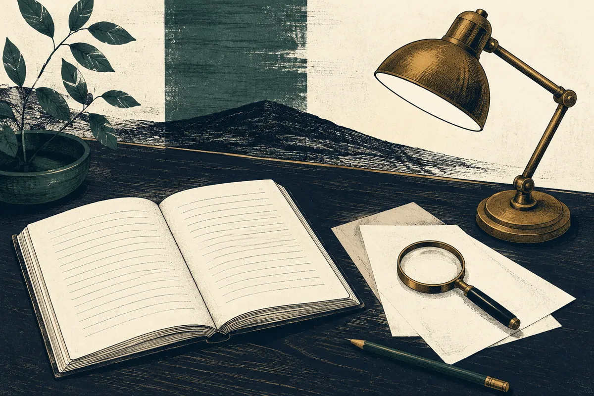An open notebook, source papers and a reading lamp